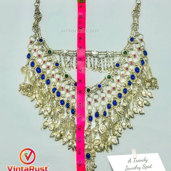 Gypsy Silver Kuchi Massive Choker Necklace With Blue Glass Stones, - Picture 7 of 7